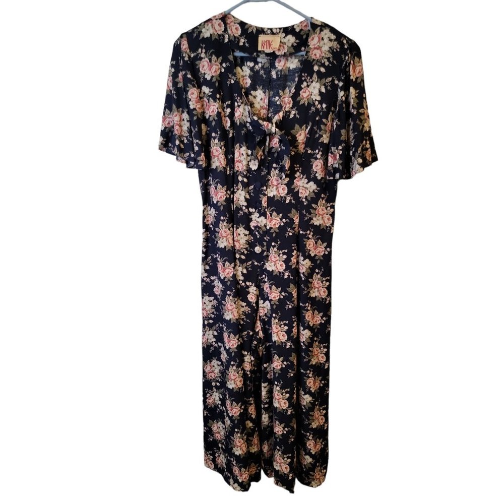 Vtg Katie Size 10 Womens Jumpsuit Blue Floral Wide Leg Gaucho Cropped 80's